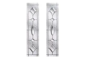 Stained glass panels with geometric patterns and central oval cutouts.