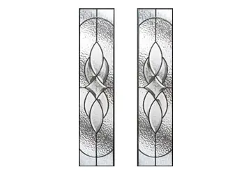 Stained glass decorative panels with curved patterns and clear sections, arranged in a vertical orientation.