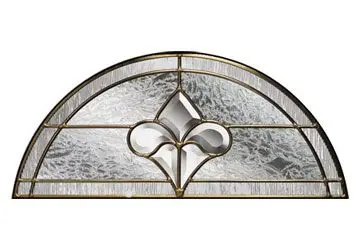 Stained glass window with a fleur-de-lis design in the center and textured glass sections around it.