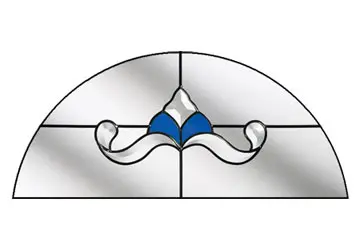 Stained glass window design featuring a central blue element and floral accents within a symmetrical arch layout.