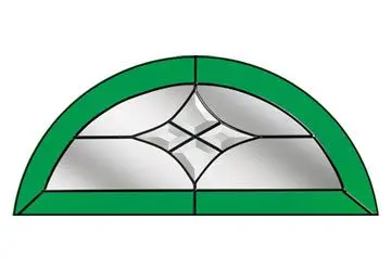Arched window design with green border and geometric shapes in the center.