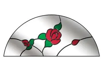 Stained glass design featuring red roses and green leaves on a white background.