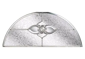 Stained glass window panel with a decorative oval design and geometric sections in a translucent finish.