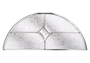 Translucent glass half-moon window with a diamond-shaped cutout in the center.