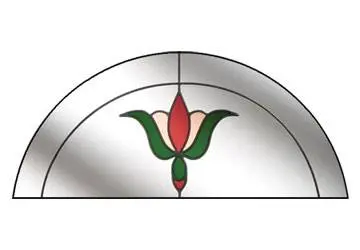 Floral design with a central red bud surrounded by green leaves, set within an arched border.