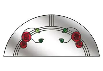 Stained glass panel featuring three red roses with green leaves on a curved design.