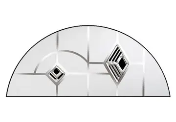 Half-circle design featuring two geometric shapes, one larger diamond-shaped element and one smaller diamond-shaped element.