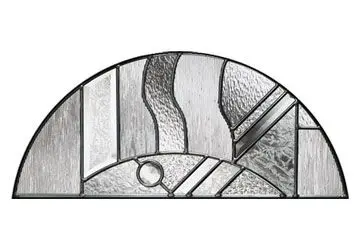 Arched stained glass panel featuring geometric patterns in various textures and shades of gray.