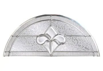 Stained glass arch with a fleur-de-lis design in the center, framed by clear textured glass.