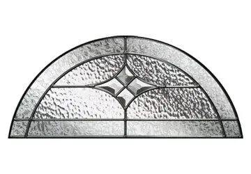 Arched stained glass window with a diamond pattern at the center and textured glass sections.