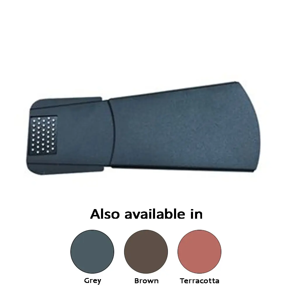 Black spatula with perforated edge, text displaying color options: Grey, Brown, Terracotta.