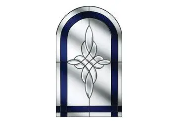 Stained glass window featuring an arched design with a central floral motif and blue accents.