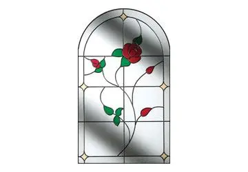 Stained glass window featuring a rose vine design with red flowers and green leaves.
