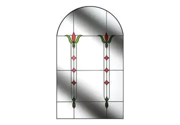 Stained glass window design featuring floral motifs and geometric shapes in green and red colors.