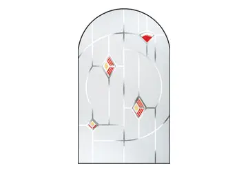 Stained glass window with geometric patterns in red, yellow, and clear glass, framed in an arch.