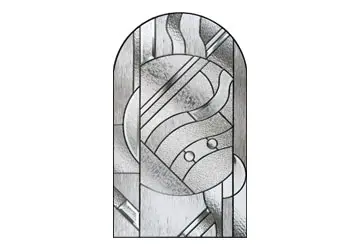 Stained glass window featuring abstract patterns in black and gray with circular and linear designs.