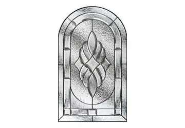 Stained glass window featuring an arched design with a central leaf motif and geometric border.