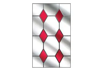 Stained glass panel featuring geometric pattern with red diamonds and white spaces.