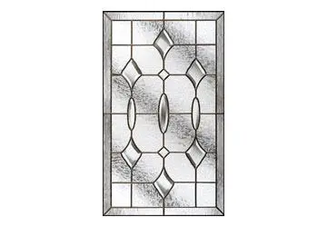 Stained glass window design featuring geometric shapes and a central oval motif.
