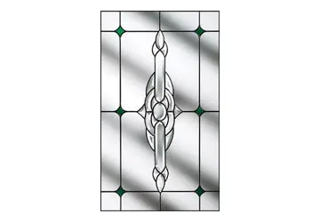 Stained glass panel featuring a central design with green accents and diamond shapes.