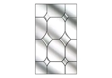 Stained glass panel featuring symmetrical geometric patterns with diamond shapes.