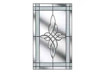 Stained glass panel featuring a symmetrical floral design within a rectangular border.