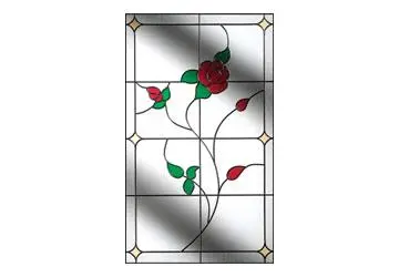 Stained glass panel featuring a red rose with green leaves on a white background, framed in black lines.