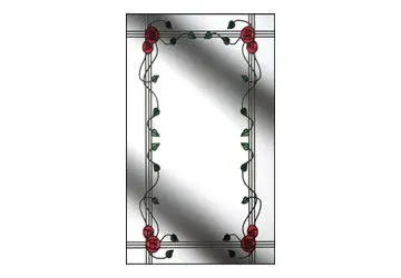 Rectangular mirror with a floral border featuring red roses and green leaves.