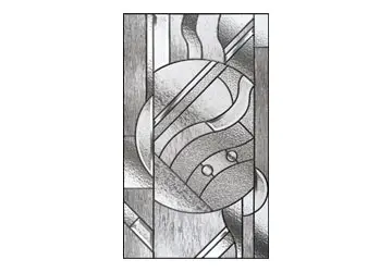 Abstract geometric design with intersecting lines and a circular shape in the center. Black and white color scheme.