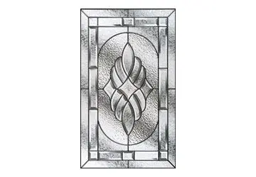 Stained glass window panel with an abstract leaf design framed by geometric shapes.