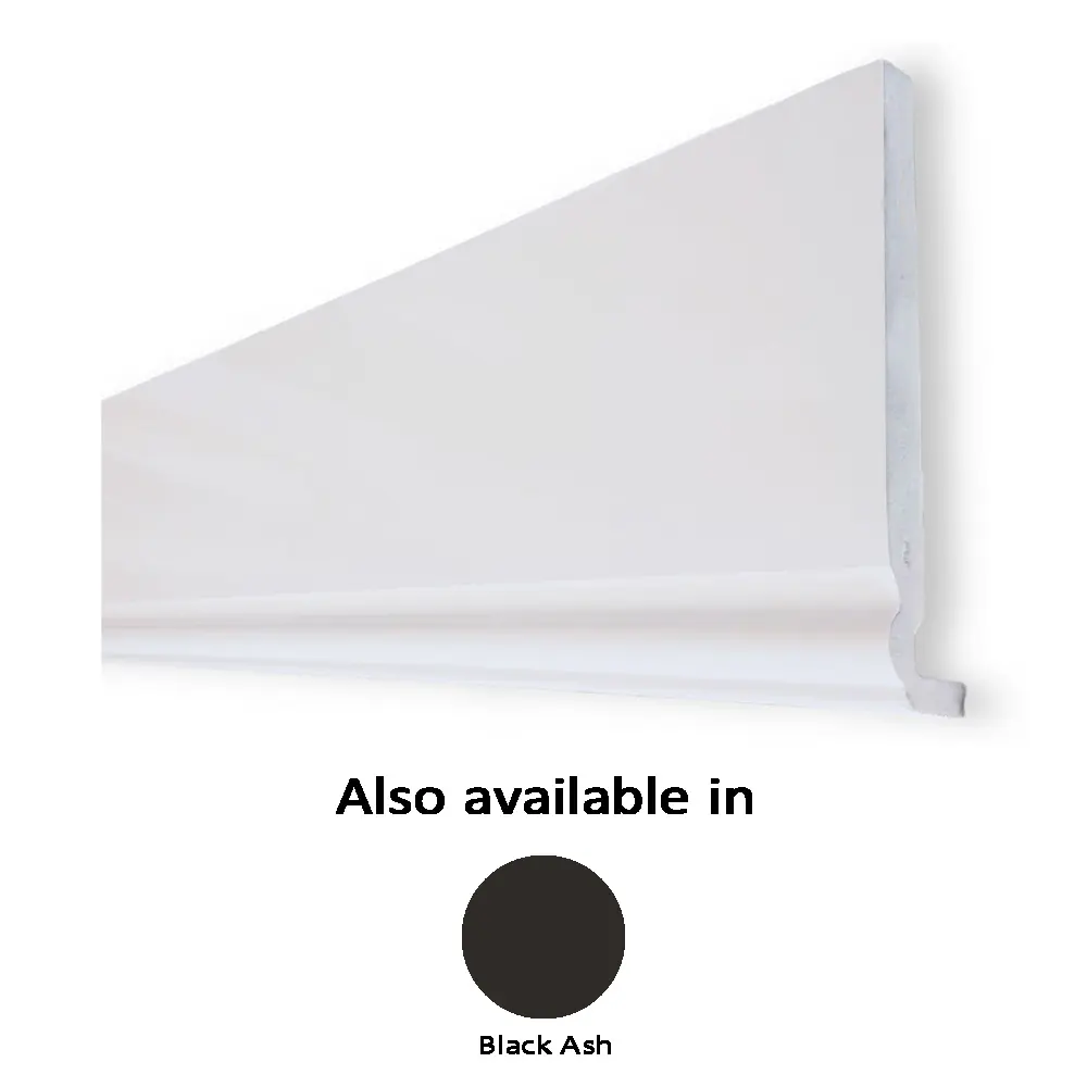 White molding with decorative edge, labeled also available in Black Ash.