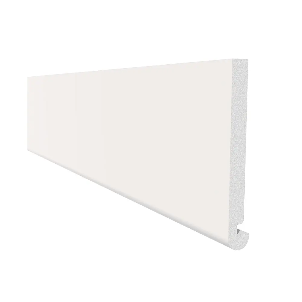 White baseboard molding displayed at an angle, showing the top and side profiles.