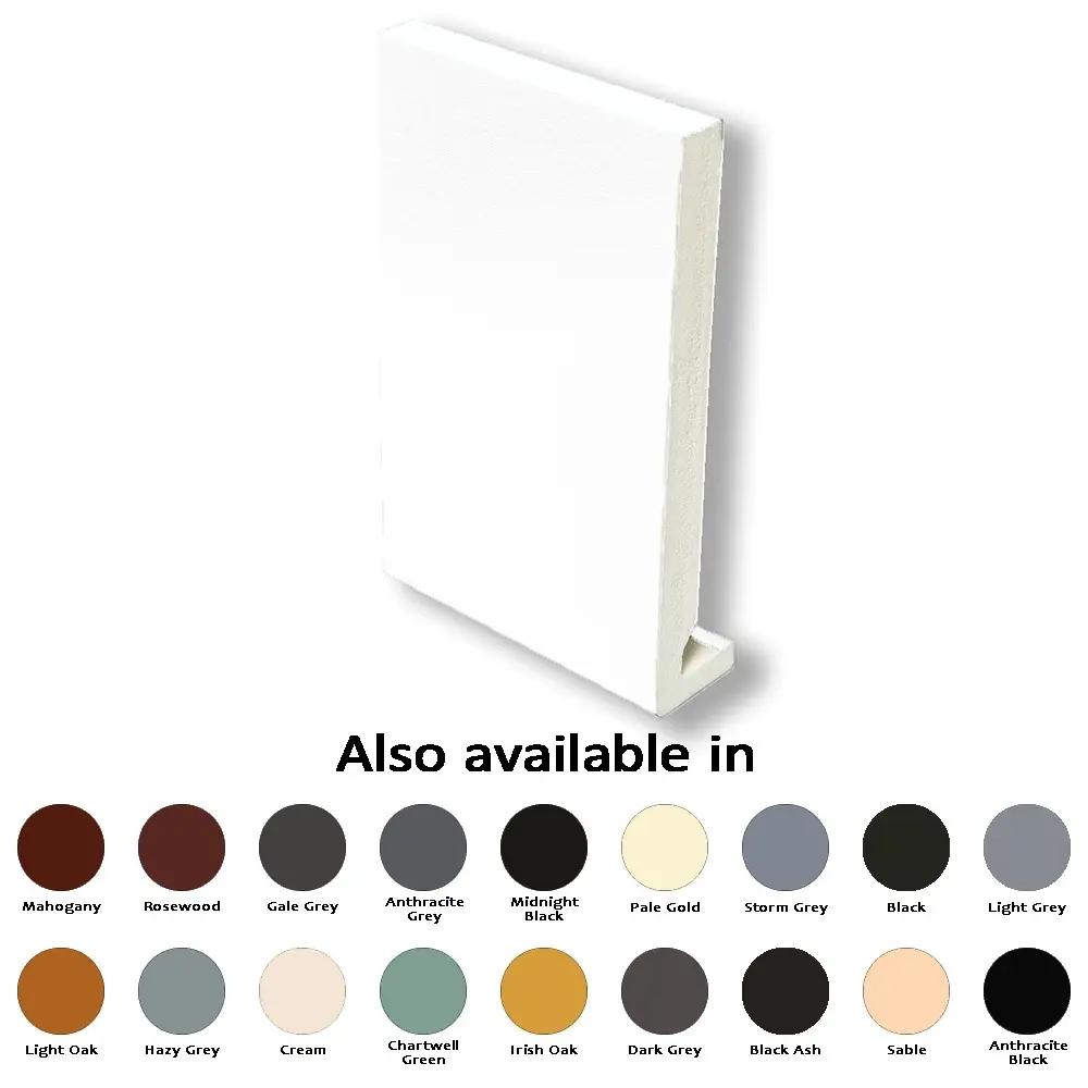 White wall panel displayed with color options below, labeled "Also available in" with various swatch names.