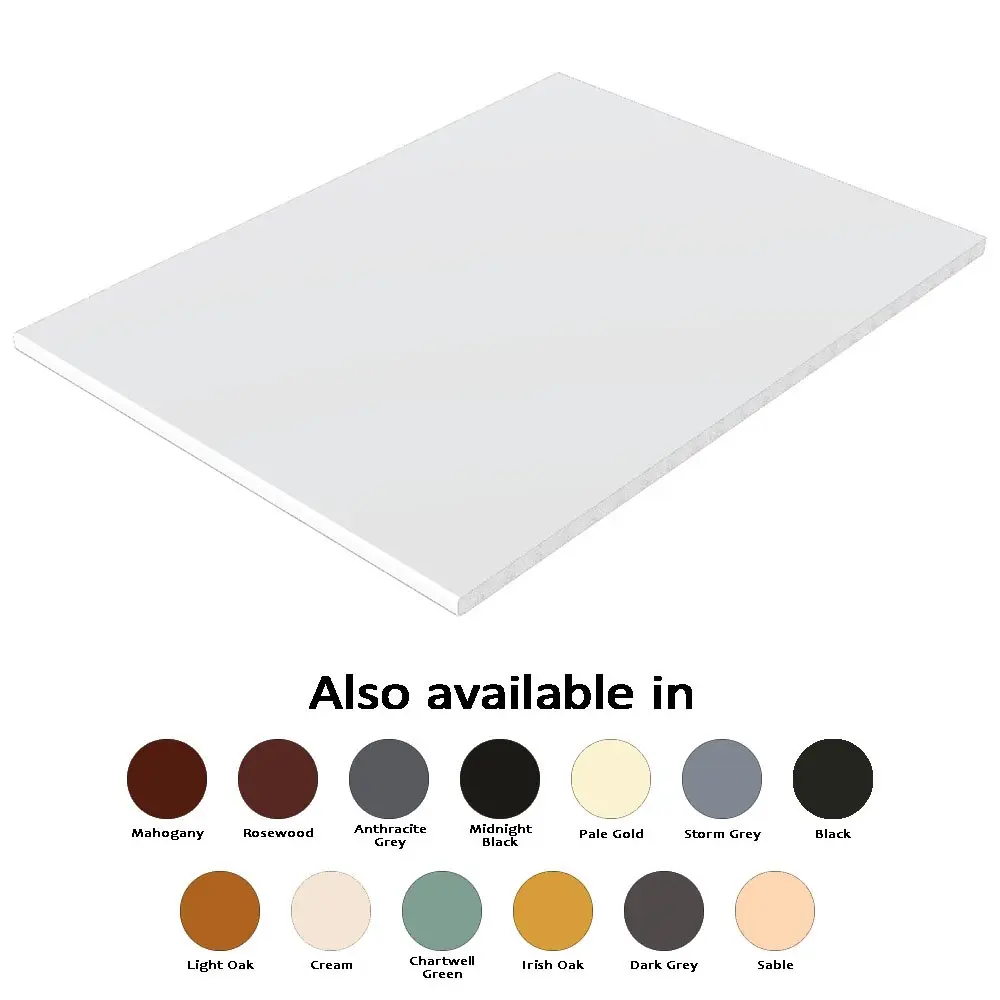 White rectangular tabletop with color options displayed below, including mahogany, rosewood, and black.