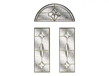 Stained glass door panel design featuring an arch and two vertical side panels with decorative patterns.