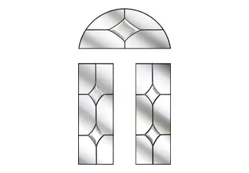 Stained glass window design featuring a central arch and two tall rectangular panels with geometric patterns.