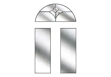 Stained glass window design with an arched top and two vertical side panels.