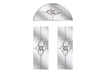 Stained glass window design featuring a central floral motif with three segments: one arch and two vertical panels.