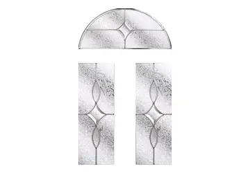Stained glass window design with three panels featuring geometric patterns and a semicircular top.