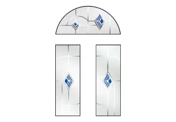 Stained glass window design with blue diamond shapes and geometric patterns in three sections.