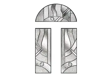 Stained glass window design featuring abstract shapes and patterns in a rectangular frame with a semi-circular top.