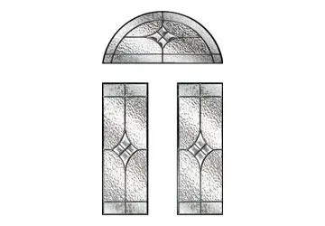 Stained glass window design featuring a central arch and two vertical panels with diamond patterns.