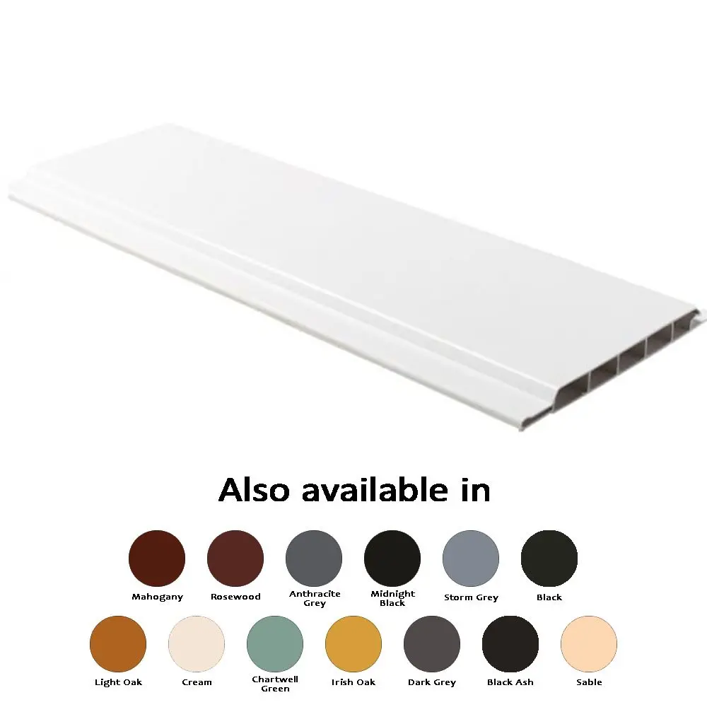 White skirting board displayed horizontally with color options listed below, including shades like Mahogany and Black.