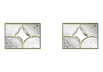 Two stained glass window panels with intricate designs and a central opening, framed in gold.