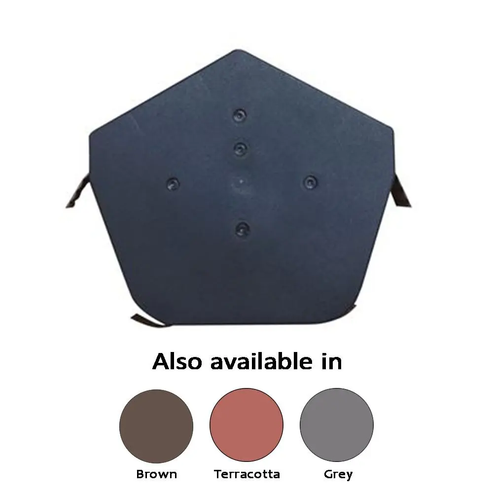 Black pentagon-shaped table with five holes for assembly, featuring color options: brown, terracotta, grey.