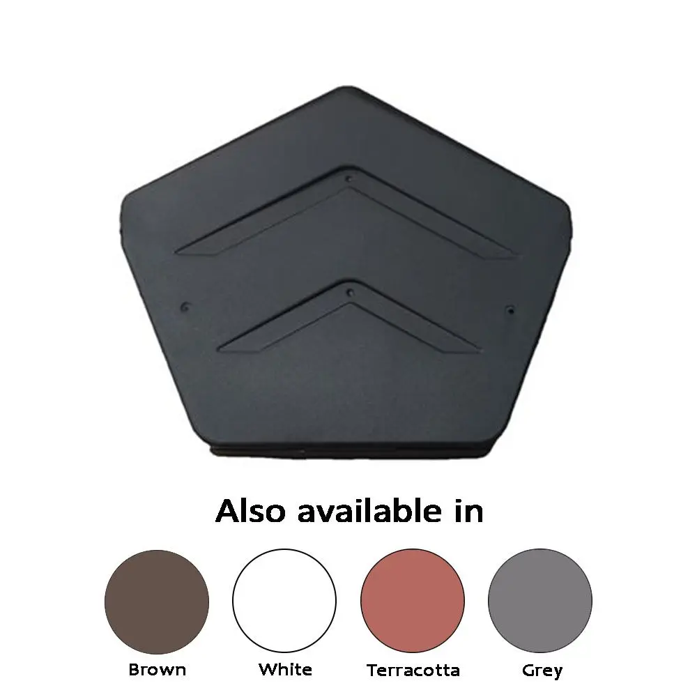 Black pentagon-shaped object with grooves, labeled with color options: Brown, White, Terracotta, Grey.