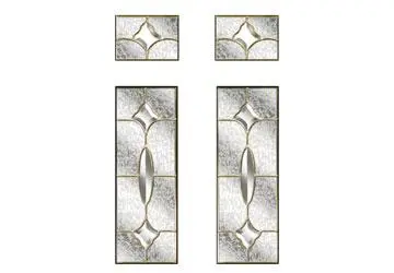 Stained glass panels with geometric designs, two vertical and two horizontal segments.