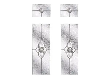 Stained glass panels with floral designs, arranged in two vertical and two square sections.