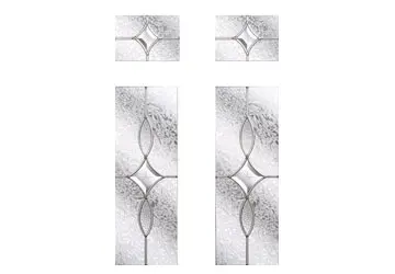 Four stained glass panels with abstract designs featuring diamond shapes and curves in a frosted finish.