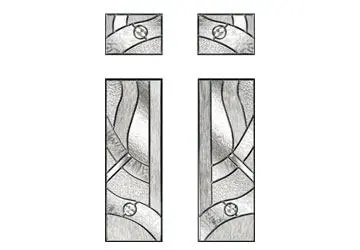 Stained glass panels with abstract wave designs and circular motifs, arranged vertically and horizontally.